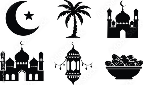 Black silhouettes of mosque palm tree dates lantern and crescent moon