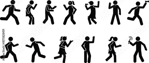 Black stick figures running jumping and dancing on white background