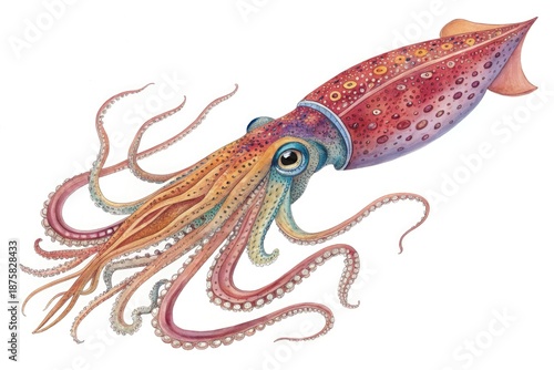 Colorful Squid Swims Through the Ocean With Long Tentacles and Fins