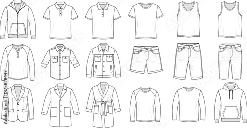 Black and white line of various clothing apparel garments fashion line black and white