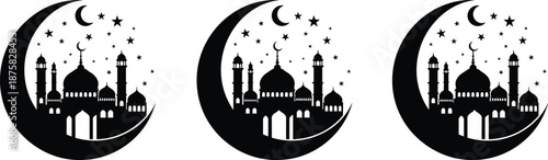 Black silhouettes of mosques with domes and minarets under crescent moons and stars
