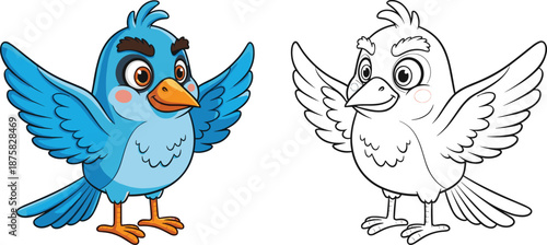 Blue cartoon bird with colored and line versions blue bird line coloring book wings
