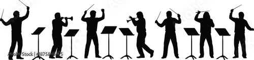 Black silhouettes of musicians playing trumpets and waving batons
