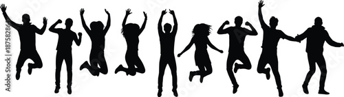 Black silhouettes of people jumping with arms raised