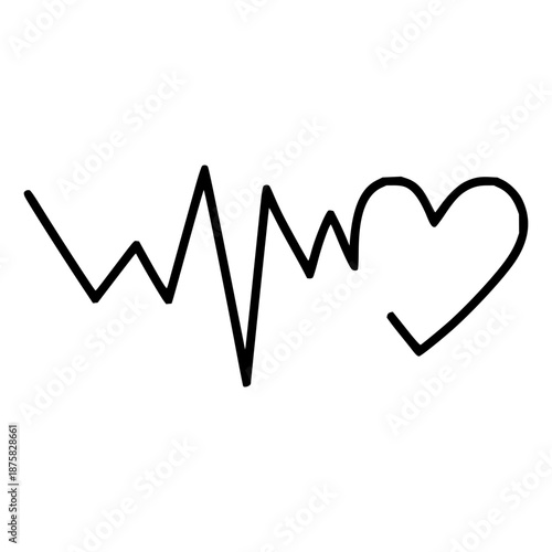 Minimalist black outline drawing of a heart rate line transforming into a heart shape on a white background.