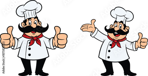 Cartoon chefs giving thumbs up mustache red scarf