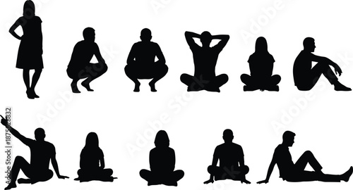 Black silhouettes of people sitting and standing on white background