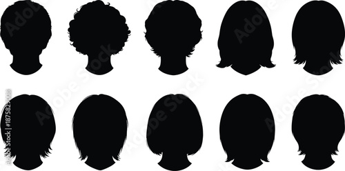Black silhouettes of people's heads with different hairstyles