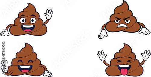 Brown poop emojis with different facial expressions cartoon smiling