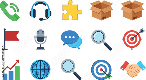 Business communication and teamwork including phone headset puzzle pieces boxes flag microphone chat bubbles magnifying glasses targets graph