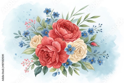 Flower Arrangement With Red and White Roses and Blue Flowers on Light Background