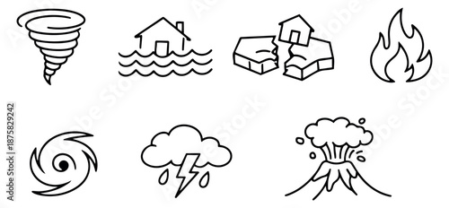 Hand drawn line art natural disaster set featuring tornado, flood, earthquake, fire, hurricane, storm, and volcano eruption for risk communication