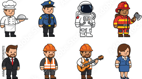 Cartoon characters in various occupations chef police officer astronaut firefighter