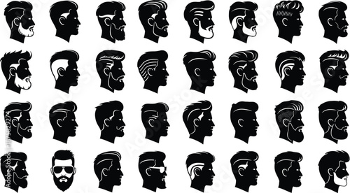 Black and white side profiles of men's hairstyles and beards haircuts