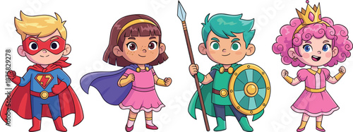 Cartoon children in various superhero and fantasy costumes superheroes