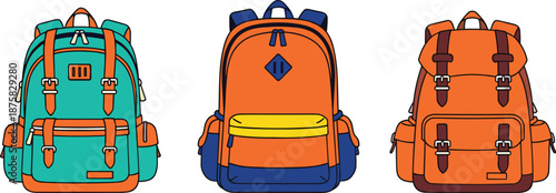 Colorful backpacks with various and buckles teal orange blue