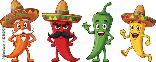 Cartoon chili peppers wearing sombreros vegetables