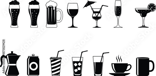 Black and white silhouettes of various drinks in glasses and cups beverages