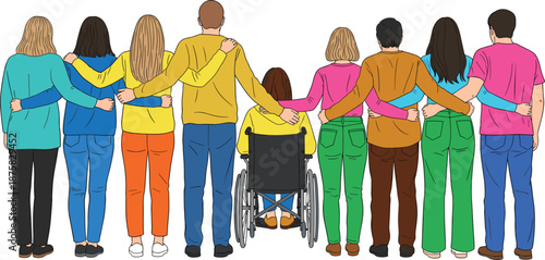 Diverse group of people standing together with arms around each other including a wheelchair user
