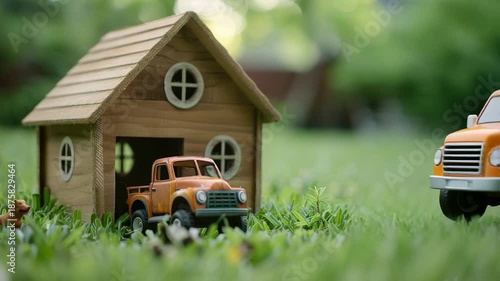 Wooden toy house and orange truck on grass
