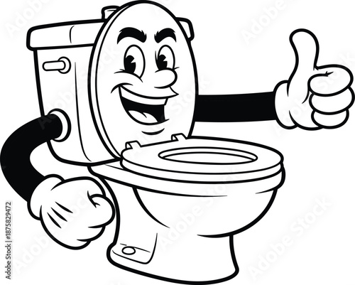 Cartoon toilet with smiling face and thumbs up black and white 1