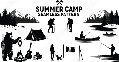 Black and white summer camp seamless pattern with people outdoor activities camping