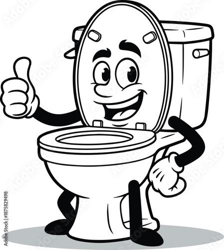 Cartoon toilet with smiling face and thumbs up black and white