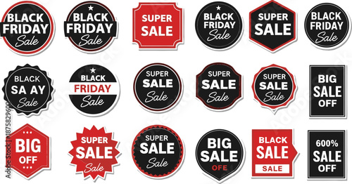 Black Friday sale stickers and labels in red and black super sale big sale off