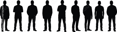 Eight black silhouettes of men in various casual poses standing