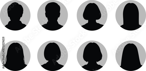 Eight black silhouettes of people in gray circles white background