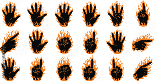 Black hands with orange flames on white background gestures symbols