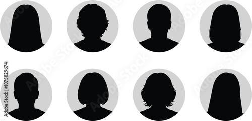Eight black silhouettes of people in gray circles profile