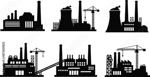 Industrial buildings and construction sites with cranes and smokestacks