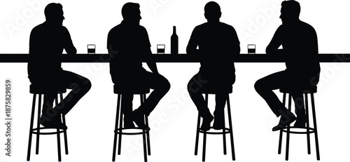 Four men sitting on stools at a bar with drinks silhouettes