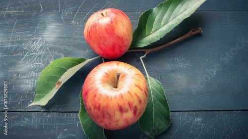 Two red apples with green leaves on distressed blue wooden background