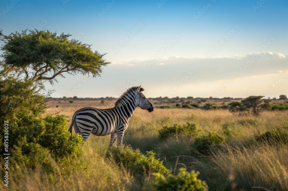Obraz premium Zebra Stands in Grassland Under Blue Sky at Sunset in African Savanna