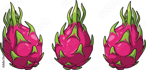 Pink dragon fruits with green scales on white background cartoon