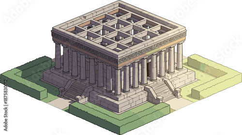 Isometric view of ancient greek temple with columns and open roof