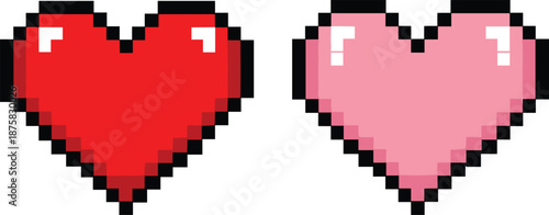 Pixel red and pink hearts with black outlines pixel heart red heart white background