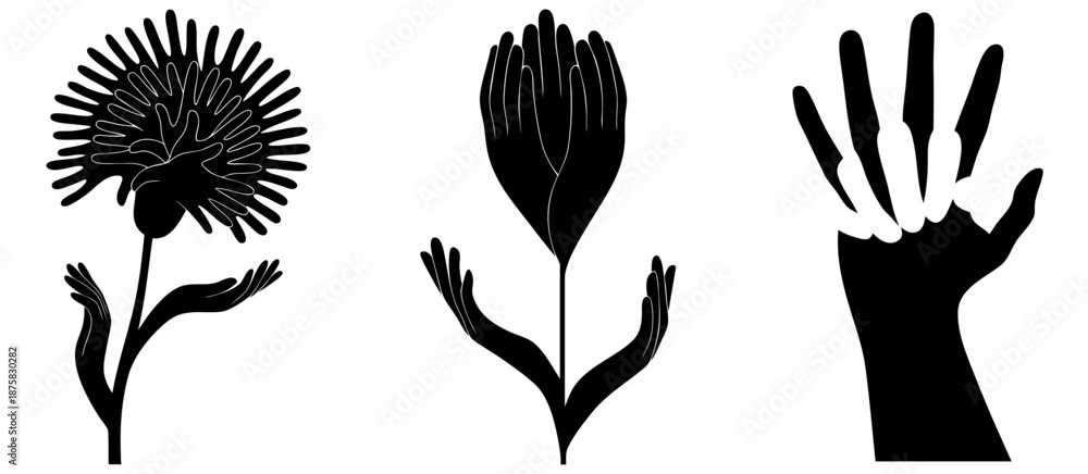 Fototapeta premium Hands Growing into Flowers and Open Palm Gesture Showing Human Connection