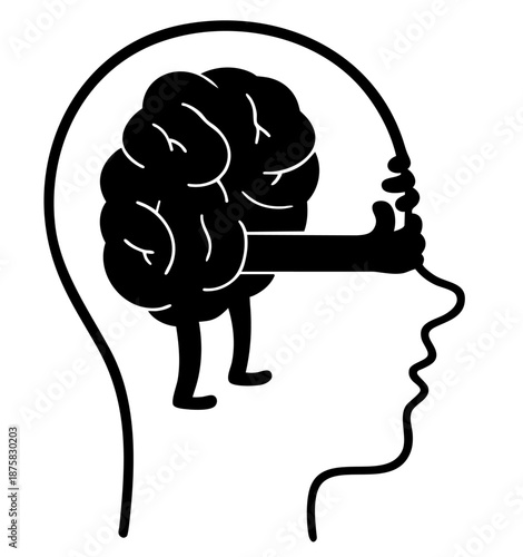 Human head silhouette with brain character inside, self awareness and thinking about thinking concept, inner dialogue, mindfulness and cognitive psychology symbol
