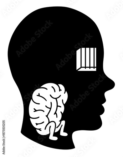 Human head silhouette with brain behind bars, mind prison and trapped mind concept, mental health, depression, anxiety and psychological pressure symbol
