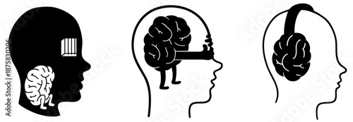 Mental Health. Trapped Mind Behind Bars, Self Awareness Thinking Brain, Mental Isolation and Escapism with Headphones Inside Human Head Silhouettes