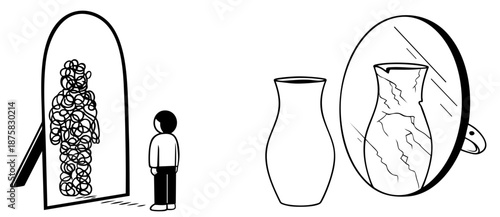 Distorted Self-Perception. Seeing Yourself Differently Than Reality, Identity Conflict, Body Image Issues and Low Self-Esteem Illustrated Through Reflection and Inner