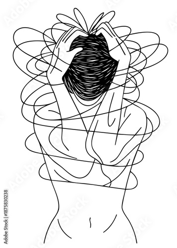 Overstimulated Human Figure Depicting Sensory Overload, Mental Chaos and Nervous Breakdown. Information Pressure, Anxiety and Cognitive Exhaustion