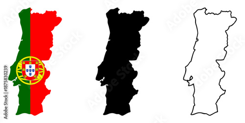 Portugal map silhouette set with national flag