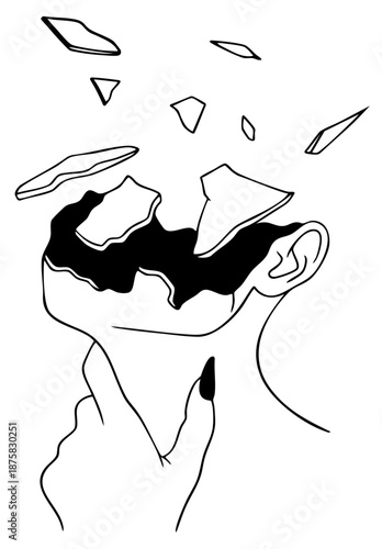 Fragmented Human Face, Mental Disorder, Broken Thinking, Anxiety and Psychological Trauma — Abstract Concept of Split Perception, Cognitive Collapse and Emotional Instability