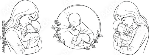 Mother holding baby in different poses with floral woman cuddling