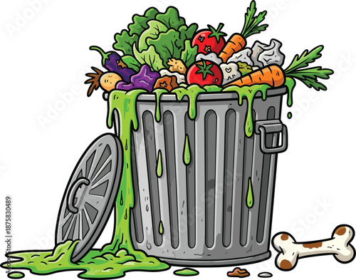 Overflowing trash can with rotting vegetables and bone garbage green slime