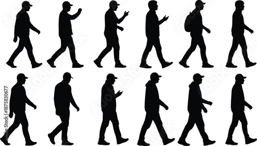 Silhouettes of men walking in various poses black